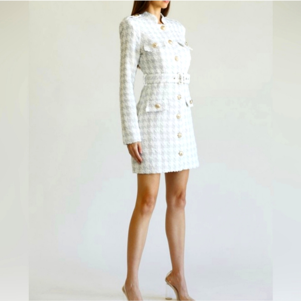NWT Gray and White Houndstooth Check, Gold Button up the front Dress w/ Belt.